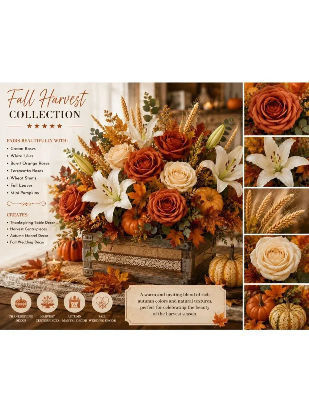 Set of 6 Terracotta Rose Stems Artificial Roses Burnt Orange Roses Faux Flowers